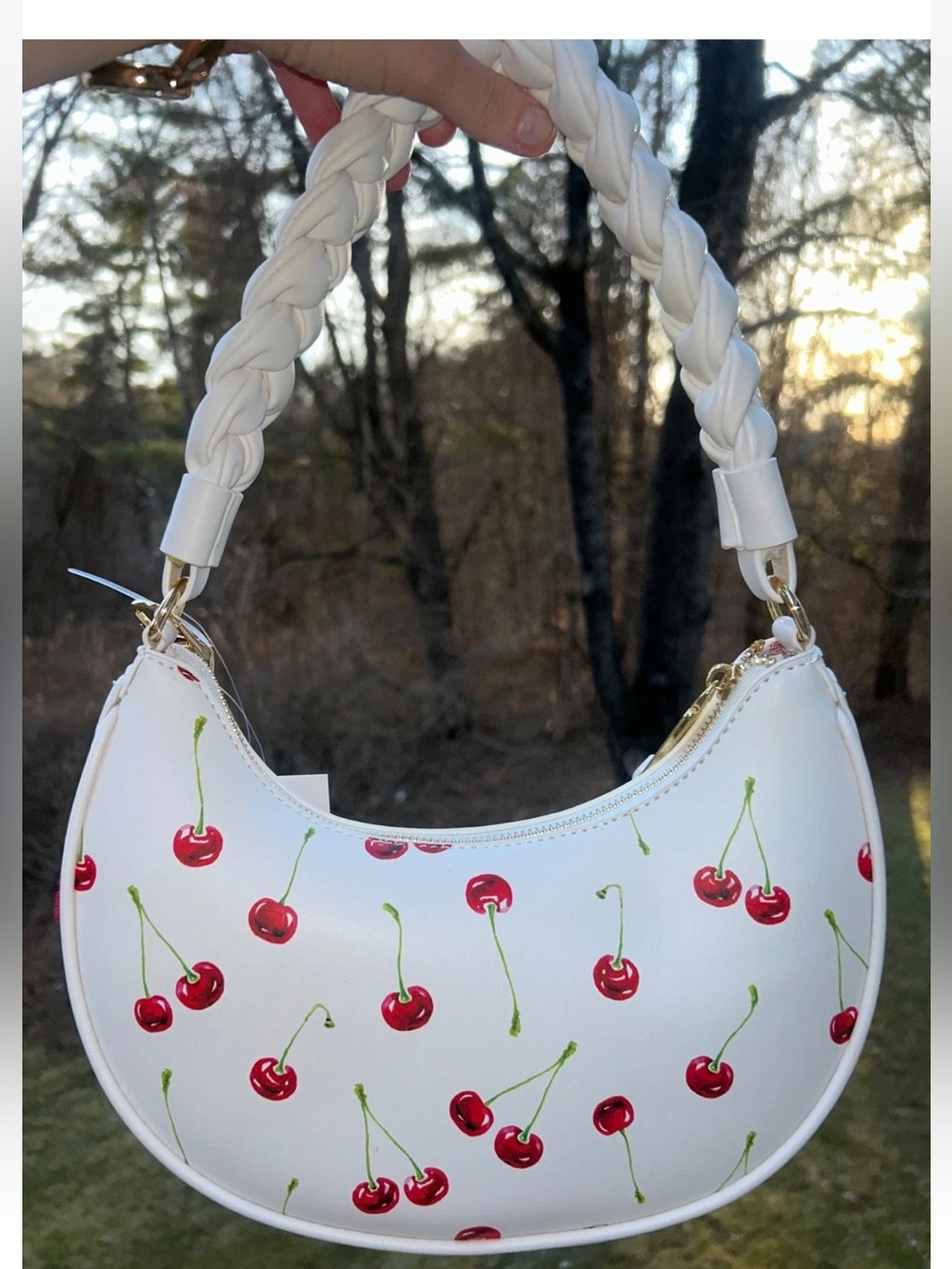Betsey Johnson White Cherry Print Shoulder Bag with Red Pom Pom Accent - Picture 3 of 7